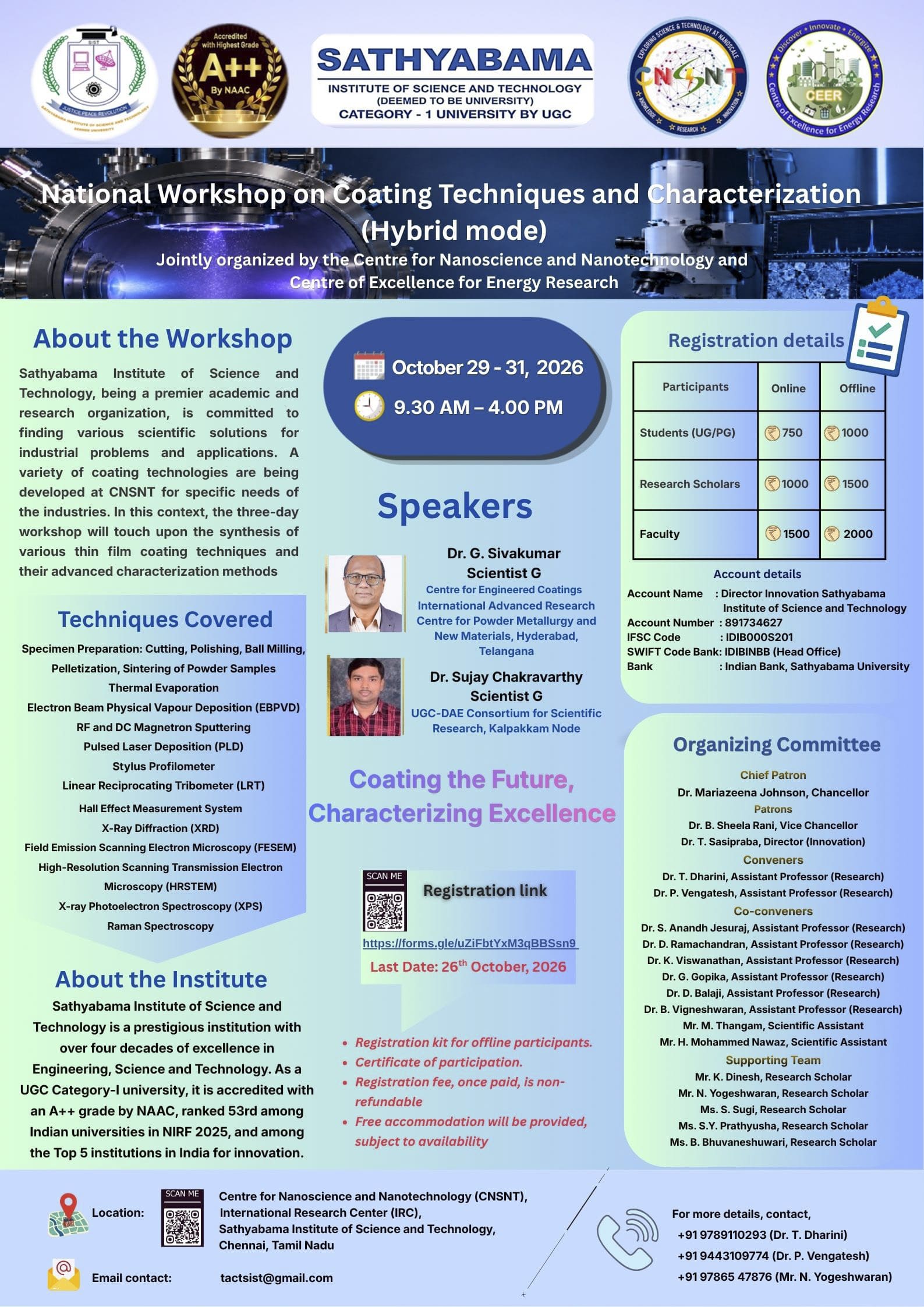National Workshop on Coating Techniques and Characterization (Hybrid mode) 2026, Sathyabama Institute of Science and Technology, Workshop, Chennai banner